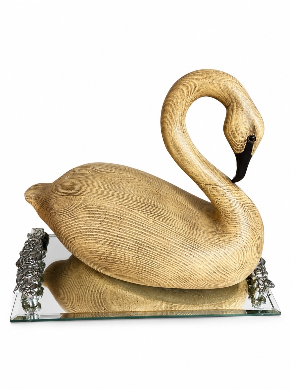 Vintage Large Faux Wood Grain Swan Sculpture Mid-Century Modern Coastal